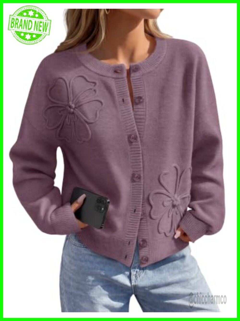 Women Lightweight Floral Button Up Cardigan Sweater Lantern Sleeve